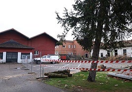 Zona acotada en la parte de Recondo, con el edificio que se va a demoler a la derecha y árboles talados.