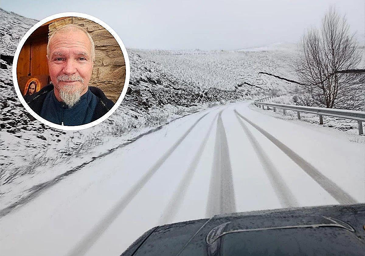 Nevada en el acceso a Peñalba de Santiago por el Alto de la Cruz que intentará salvar andando el vecino Nacho Morión si no llega el transporte a la demanda.
