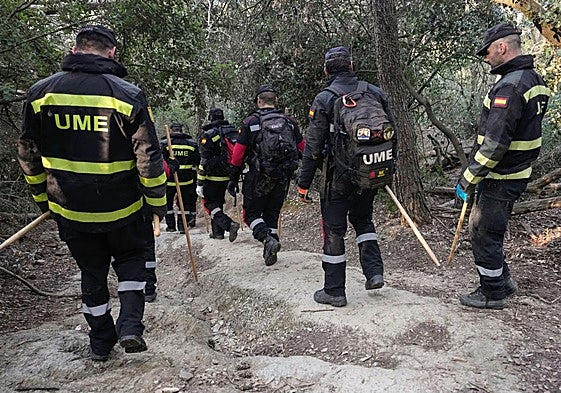 Miembros de la Unidad Militar de Emergencia (UME) trabajan en el rastreo de la 'zona cero' del brote de peste porcina africana (PPA) detectada en Barcelona.