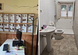 A la derecha, grietas en las paredes de una oficina comarcal de Segovia; a la izquierda, el deficiente baño y ducha de otro centro en la provincia.