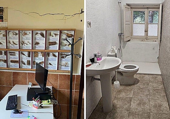 A la derecha, grietas en las paredes de una oficina comarcal de Segovia; a la izquierda, el deficiente baño y ducha de otro centro en la provincia.