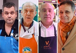 Los comerciantes del Val Ángel Gabriel Arranz, Juan Carlos Tordera y Felipe González y el cliente Carlos Ballón.