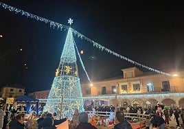 De nuevo llamó la atención el encendido del gran árbol de Navidad de luces que preside el mercado navideño de la plaza Mayor de Rioseco Miguel G. Marbán