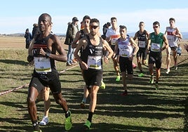 Grupo cabecero de corredores de la preba masculina del Cross de Cantimpalos que se ha celebrado este lunes.