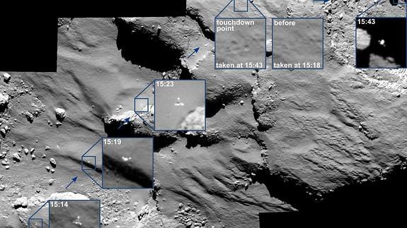 Imagen facilitada por la ESA que muestra el aterrizaje de 'Philae'. 