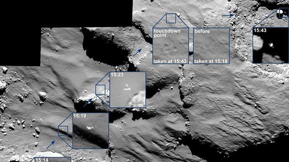 Imagen facilitada por la Agencia Espacial Europea (ESA) que muestra el aterrizaje del módulo Philae 