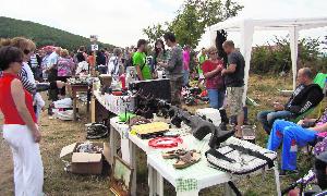 Vecinos y veraneantes curiosean en uno de los puestos del mercado del trueque de Vallejo de Orbó. / Nuria Estalayo