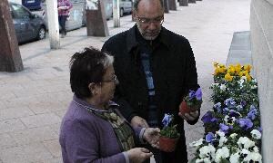 Carmen reparte flores en la plaza de la Solidaridad. / Henar Sastre