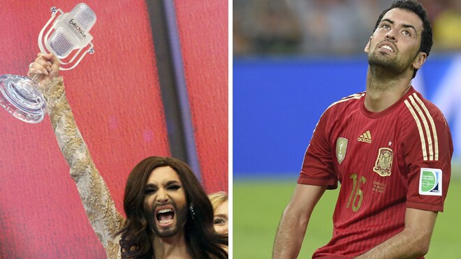 Conchita Wurst en Eurovisión y Sergi Busquets durante el partido ante Chile