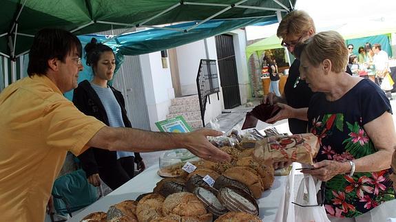 Visitantes adquieren productos ecológicos en uno de los puestos instalados en el mercado de Campo de Cuéllar. 