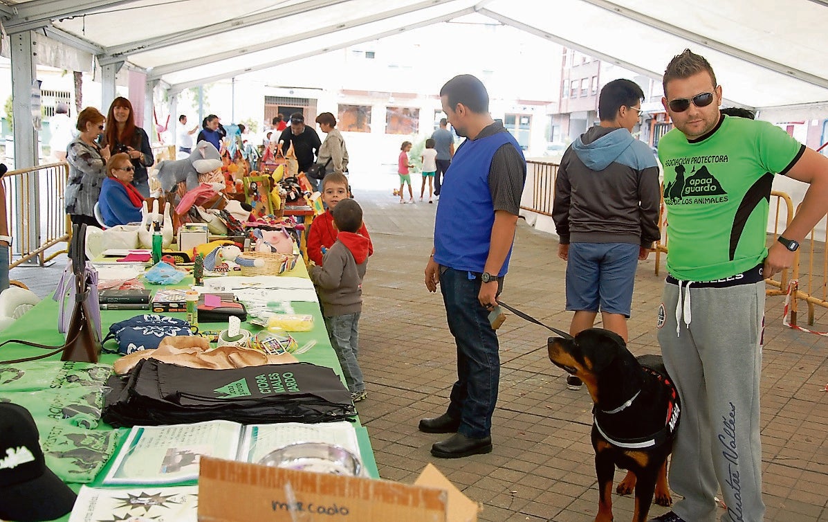 Niños y adultos observan el mercadillo, junto a miembros de la protectora.