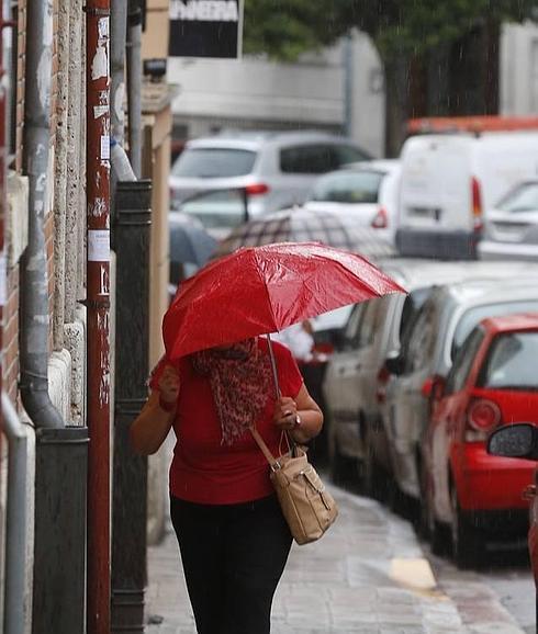 Una mujer camina bajo la lluvia en Valladolid parapetada con un paraguas. 