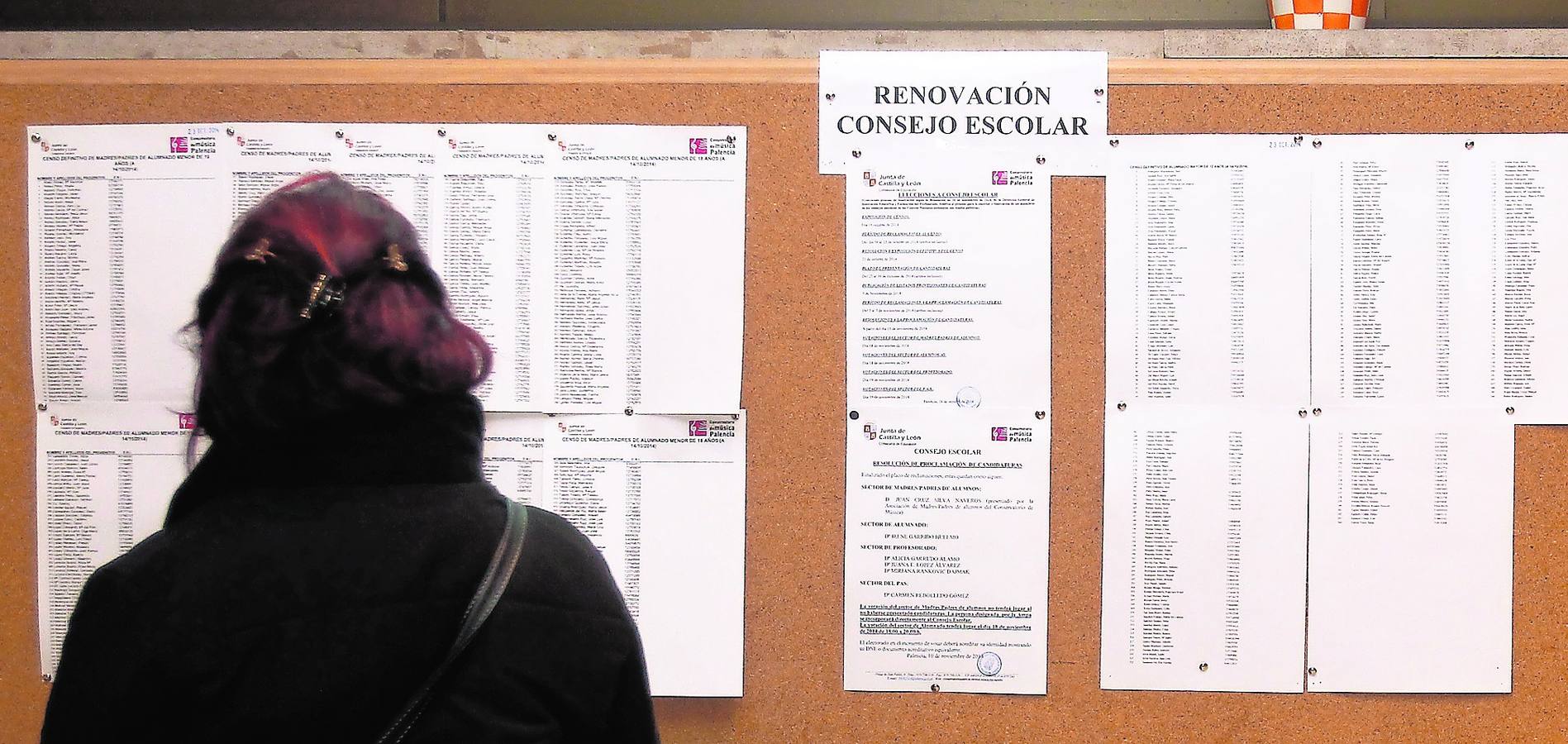 Una mujer consulta las listas de votantes y los plazos para la renovación del consejo escolar, en el Conservatorio de Música.