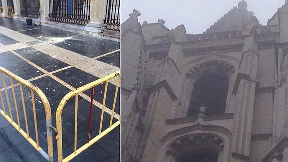 Cascotes en el suelo y la zona de la que se han desprendido, en el pórtico frontal de la Catedral de León