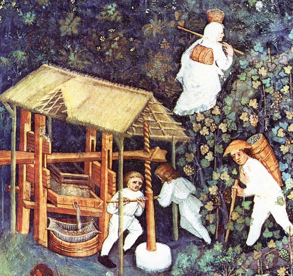 Imagen del siglo XV alusiva al vino, empleada en los folletos del simposio de Urueña. 