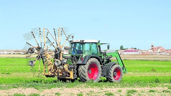 Un moderno tractor equipado con pala y una máquina hileradora recientemente sobre una finca de alfalfa.