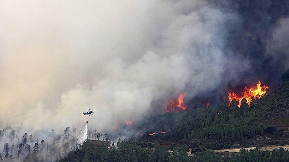 Un helicóptero vierte agua sobre el frente del incendio en el límite con Salamanca.