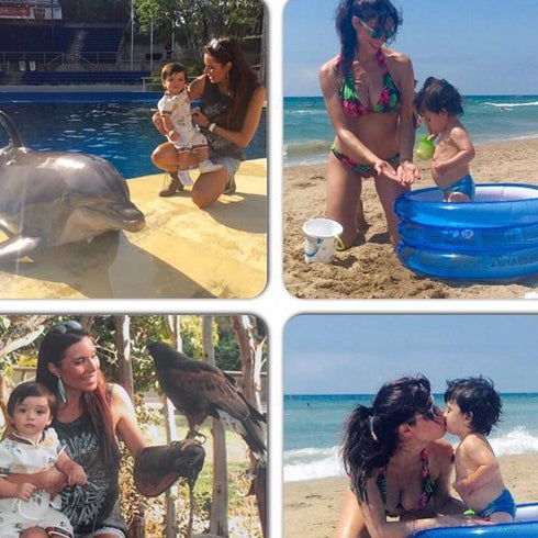 Pilar Rubio y el pequeño Sergio con los delfines y en la playa. 