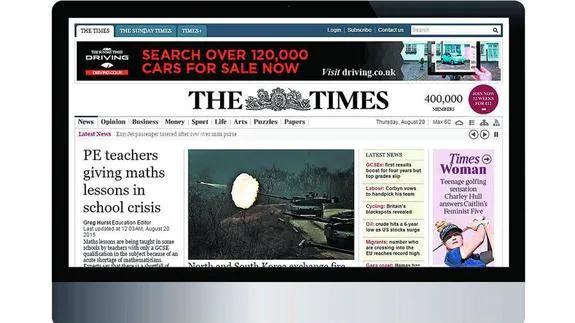 Un monitor con la portada digital de 'The Times'.