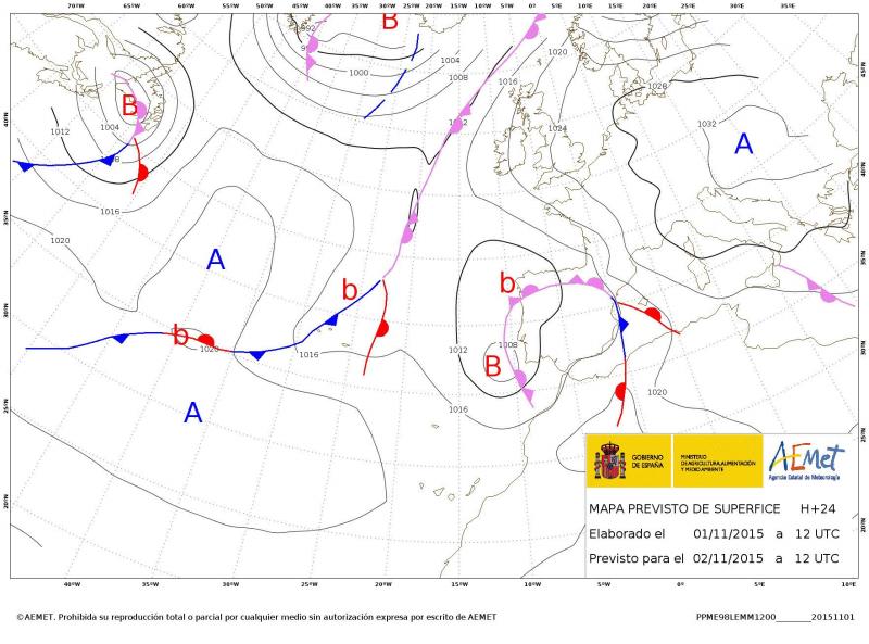 Mapa de isobaras sobre la península, con la borrasca  frente a Lisboa y dos zonas de bjas presiones relativas asociadas. 