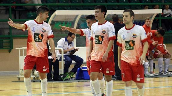 Chus, Juanfran, Edu y Buitre, durante un partido del Naturpellet Segovia Futsal en el Pedro Delgado. 