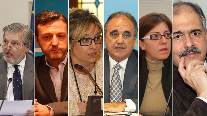 De izquierda a derecha, Íñigo Méndez de Vigo, Miguel Ángel Paniagua y Ana Rosa García, candidatos al Congreso, y José Antonio Rubio, Nuria Simón y Manuel Betegón, que se presentan al Senado. 