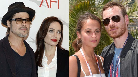 Brad Pitt y Angelina Jolie y a la derecha, Alicia Vikander con Michael Fassbender. 