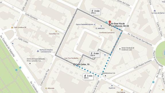 Recorrido que hizo Pedro entre Colón y Gran Vía de San Marcos. 