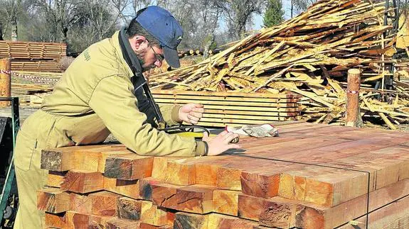 Un empleado trabaja con la madera. 
