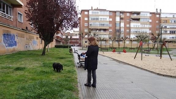 Una mujer pasea con su perro por el parque de la calle Pato. 