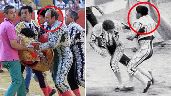 A la izquierda, Pablo Saugar 'Pirri' lleva a Víctor Barrio con sus compañeros; a la derecha, casi treinta y un años antes, Pablo Saugar 'El Pali', su padre, agarra a 'Yiyo', herido de muerte.