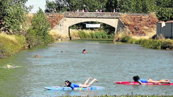 Participantes a nado recorren los últimos metros de la prueba celebrada ayer, en el puente de Sahagún El Real en Paredes de Nava.