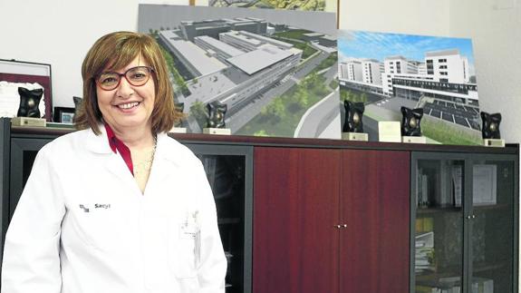 Cristina Granados, gerente del hospital, junto a maquetas de las obras del hospital. 