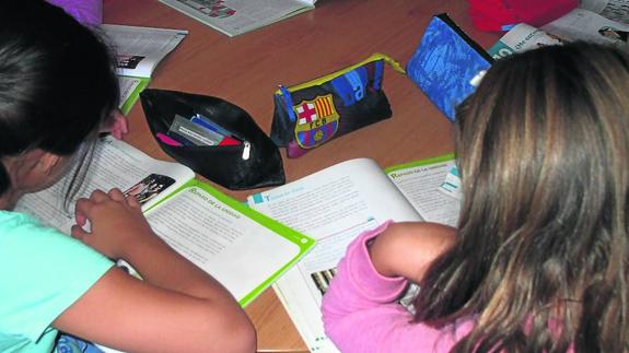 Alumnos de Educación Primaria estudian la lección en los libros de texto.