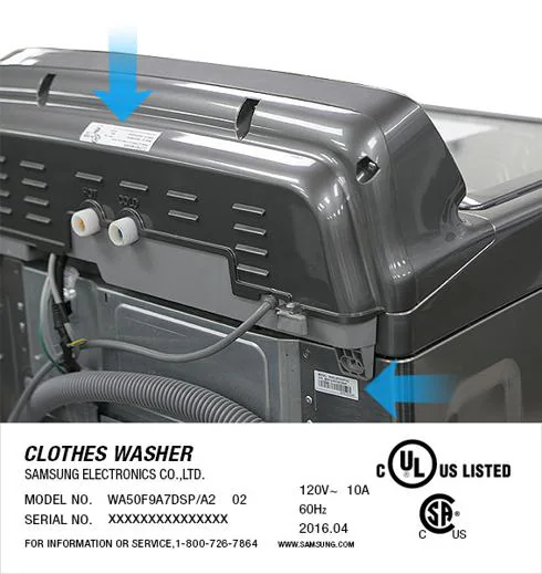 Imagen de Samsung que muestra una de las posibles lavadoras afectadas, indicando dónde encontrar el número de serie para comprobarlo.