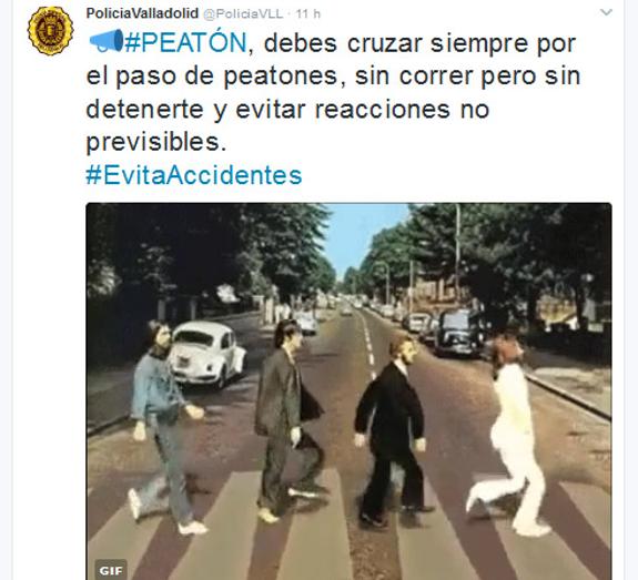 Uno de los tuits de @PoliciaVLL para evitar más atropellos en Valladolid.