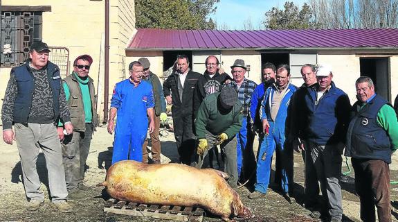 Los organizadores de la iniciativa posan junto al cerdo sacrificado este año. 