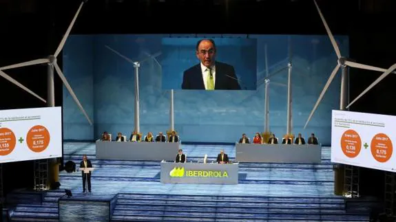 El presidente de Iberdrola, Ignacio Sánchez Galán, duranta su intervención en la junta de accionistas. 