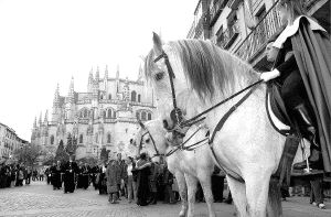 Los heraldos, montados sobre corceles blancos, esperan la llegada de las bandas musicales, ayer, en la Plaza Mayor. / ROSA BLANCO