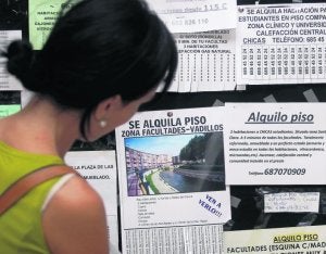 Una joven estudia las ofertas inmobiliarias de uno de los tablones de anuncios de la Universidad de Valladolid / R. Gómez