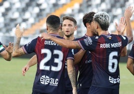 Celebración del único gol azulgrana ante el Badajoz del pasado sábado