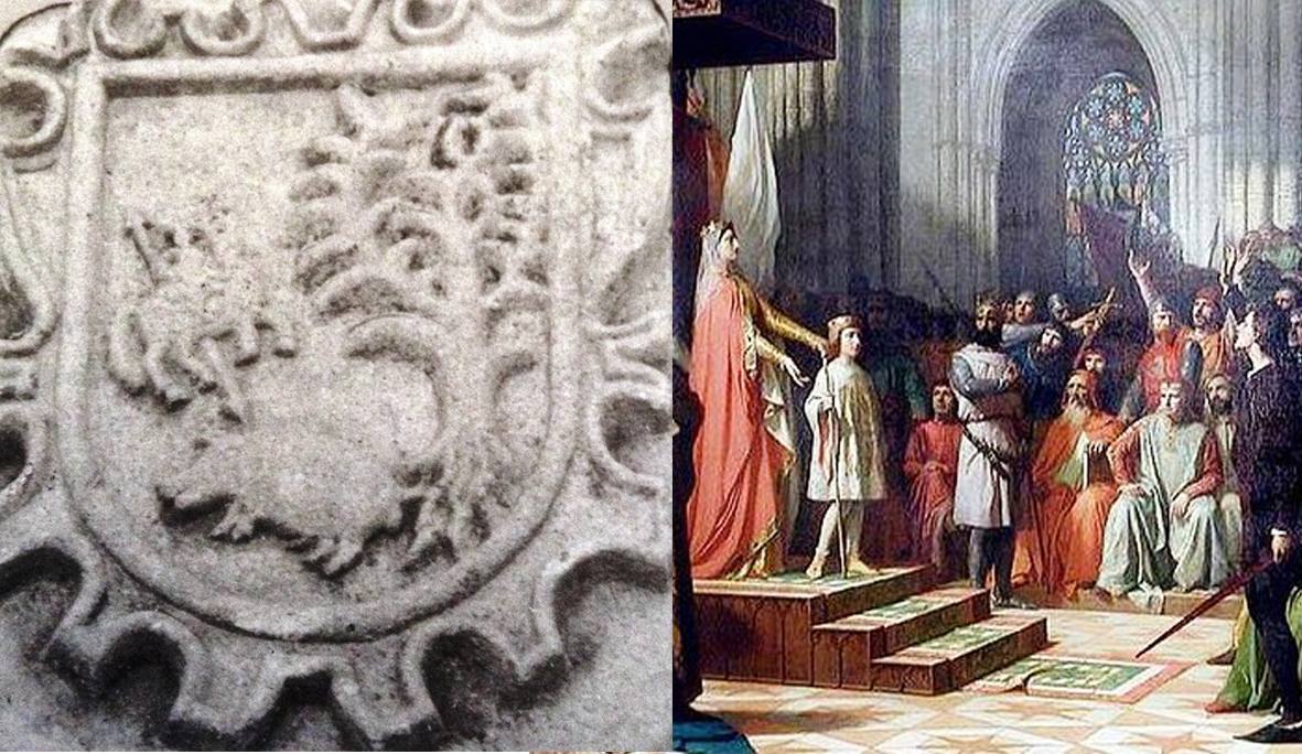 Escudo antiguo de Arroyo y María de Molina presentando al rey Fernando IV de Gisbert. 
