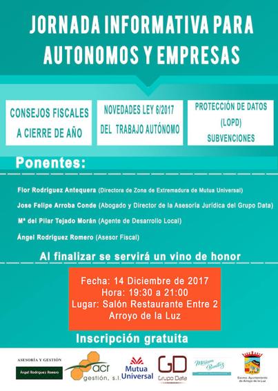 El próximo 14 de diciembre se llevará a cabo la Jornada Informativa para Autónomos y Empresas