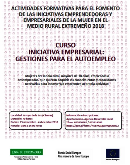 El 15 de noviembre comenzará el curso ‘Iniciativa Empresarial: Gestiones para el Autoempleo’ en Arroyo de la Luz