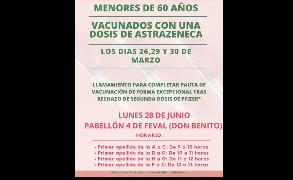 Llamamiento a los vacunados con AstraZeneca el 26, 29 y 30 de marzo