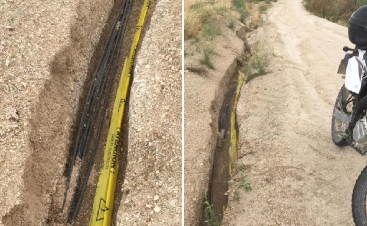 Las lluvias dejan al descubierto el cableado soterrado en un camino sin ninguna medida de seguridad