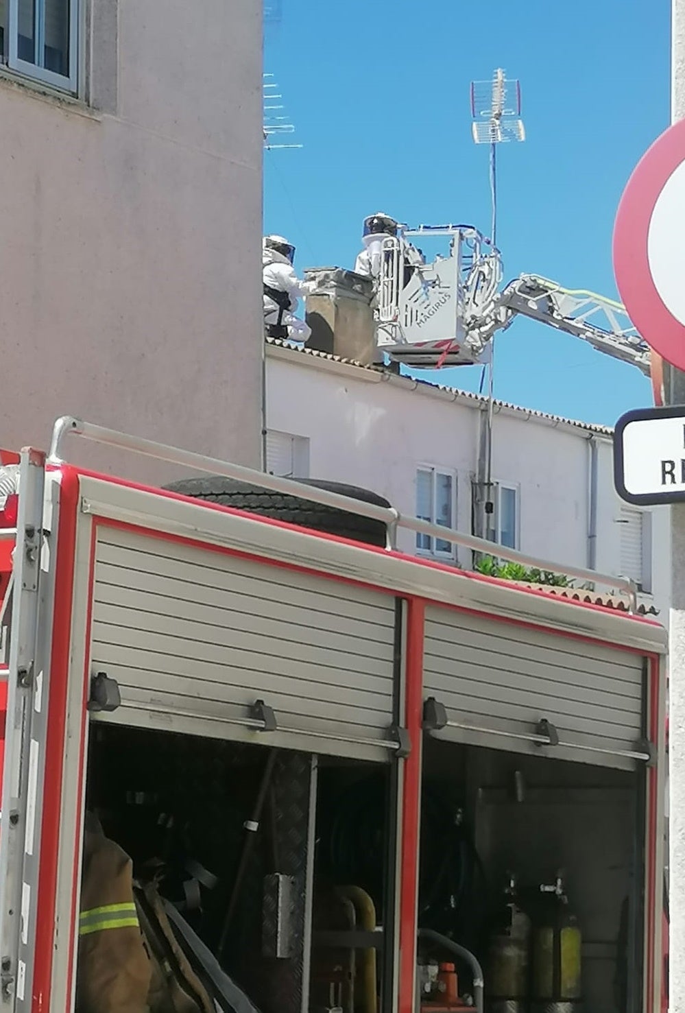 Intervención de los bomberos para eliminar un enjambre de abejas en la chimenea de una vivienda de la barriada Las Malvinas
