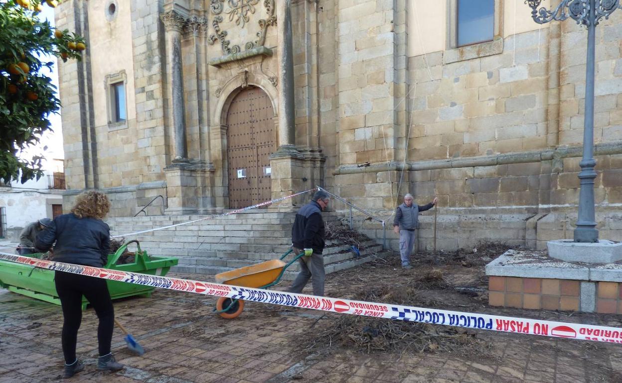 Caen a la vía pública dos nidos de cigüeña que había en la torre de la iglesia