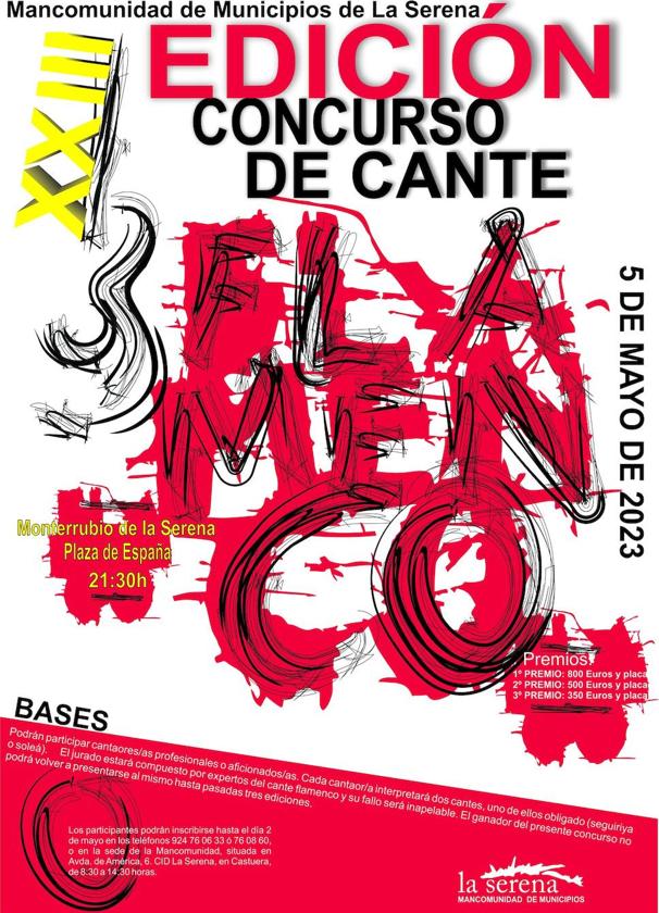 Abiertas las inscripciones para XXIII Concurso de Cante Flamenco «Mancomunidad de La Serena» que se celebrará el 5 de mayo