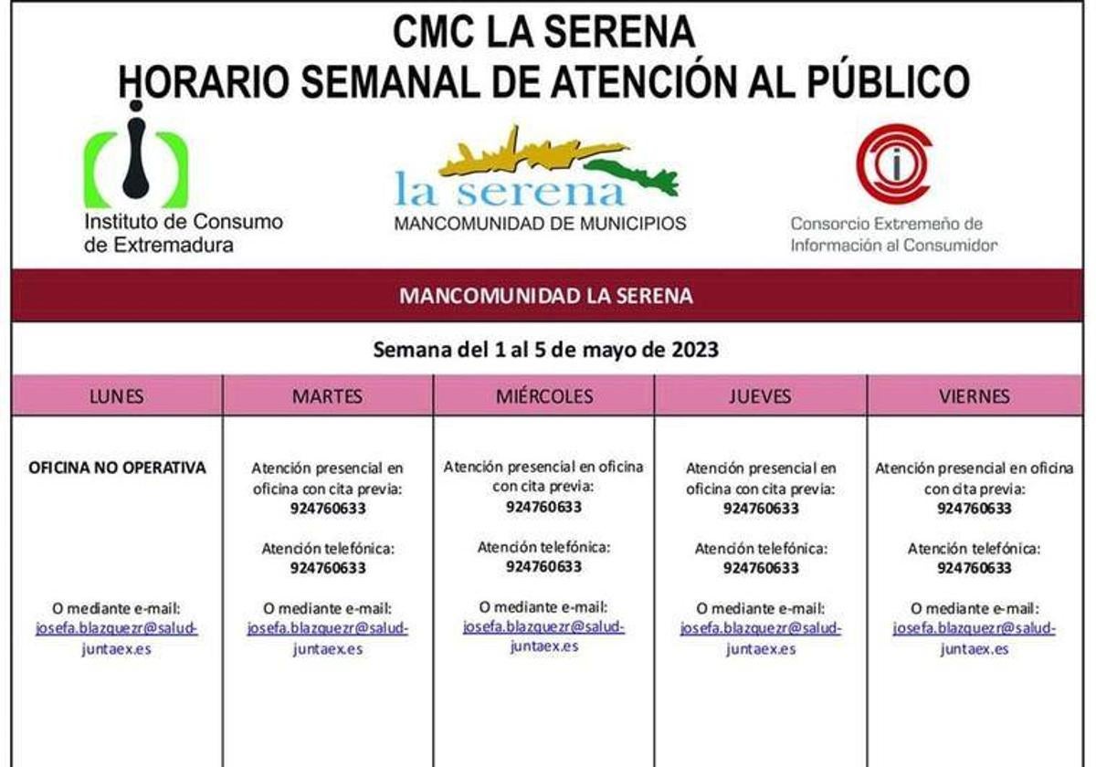 Horario semanal de Atención al público de CMC La Serena